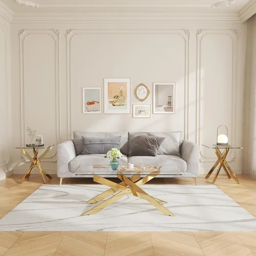 Vista 13 de Mesa de centro de cristal de 47 pulgadas con parte superior de vidrio templado y patas de metal dorado, mesa central rectangular moderna para sala
