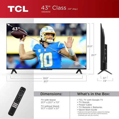 Vista 3 de TCL Smart TV Class S4 4K LED de 43 pulgadas con Google TV (modelo 43S450G, 2023), Dolby Vision, HDR Pro, Dolby Atmos, Google Assistant integrado