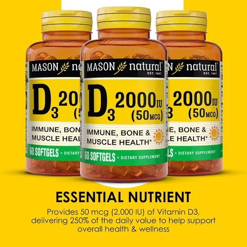 Vista 4 de MASON NATURAL Vitamina D3 2,000 UI Ultra Fuerza, Apoya la Densidad Ósea, la Fuerza y la Salud Inmune, 60 cápsulas blandas, paquete de 3