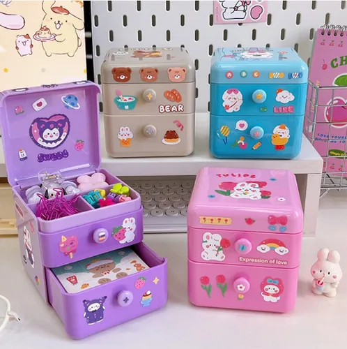 Vista 7 de Organizador de escritorio pequeño Kawaii con tapa y 2 cajones, lindo organizador de escritorio Kawaii con calcomanías de bricolaje para adolescentes