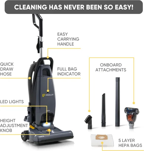 Vista 3 de Prolux Phantom Pro - Aspiradora vertical comercial – Filtración HEPA, embolsada, alta succión, limpieza profunda, ligera con herramientas integradas