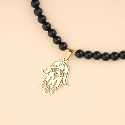 Vista 4 de COAI Collar de Mala con cuentas de piedra de mano Hamsa 108