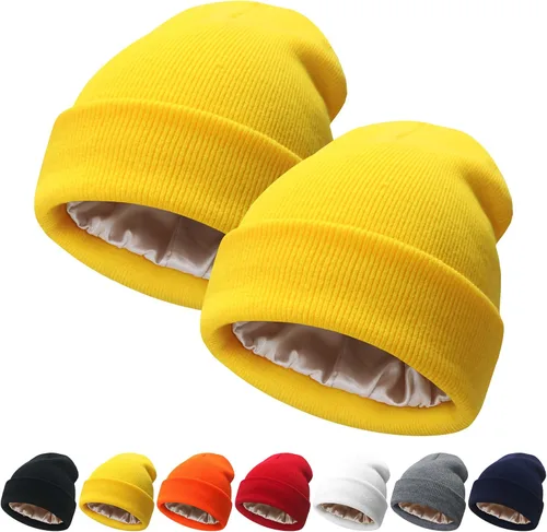 Vista 14 de NPQQUAN 2 PCS Satin Lined Beanie for Women Silk Lined Beanies Winter Warm Soft Lining Cuffed Knit Beanie Hats for Women