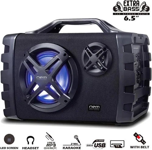 Vista 2 de NEM Mobi7e Altavoz estéreo portátil inalámbrico Bluetooth de alto rendimiento con graves extra, grabación USB, batería recargable, entrada de Negro