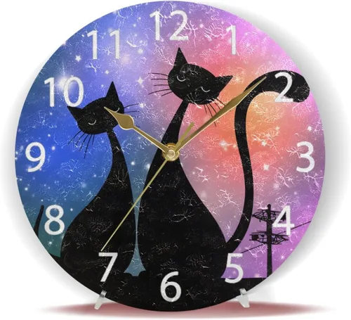 Vista 6 de senya Reloj de pared redondo con diseño de gatos mágicos, pintura al óleo silenciosa que no hace tictac, decorativo para el hogar, oficina, escuela