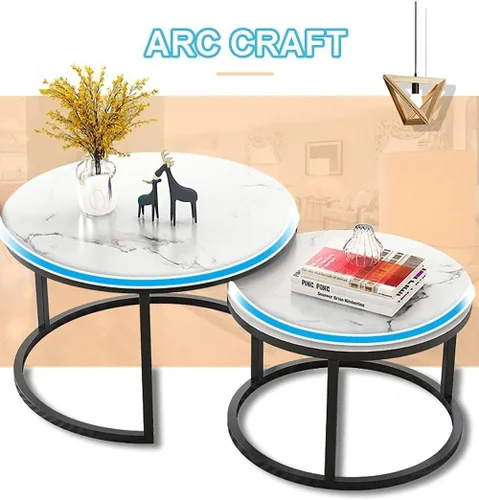 Vista 2 de Mesa - Juego de 2 mesas de centro redondas con parte superior de mármol sintético, mesa auxiliar moderna d metal e esquina anidable mesa de cóctel
