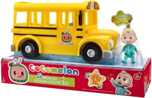 Vista 5 de CoComelon Autobús escolar amarillo musical oficial, reproduce clips de "Wheels on The Bus", con figura JJ extraíble, juguetes de personajes