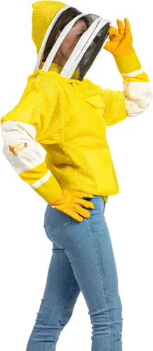Vista 5 de Chaqueta ventilada de apicultura de 3 capas de protección completa para apicultores con velo de esgrima (2XL, amarillo)