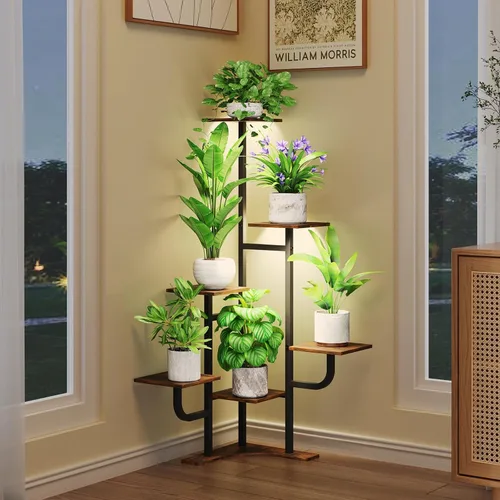 Vista 12 de Homsorout Soporte de esquina para plantas con luz de crecimiento, soporte para plantas de 6 niveles, estante redondo de metal para plantas con luz