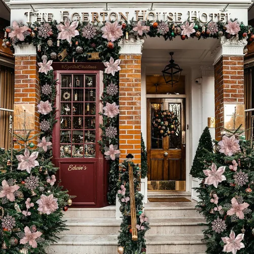 Vista 5 de BSMYBO 59 piezas 6 estilos de flores de Pascua artificiales para árbol de Navidad, adornos de Navidad en color oro rosa con tallos de bayas, copos