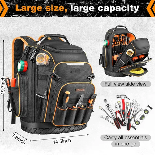 Vista 2 de Mochila de herramientas, mochila de herramientas de apertura completa resistente para hombres con base moldeada impermeable, mochila grande