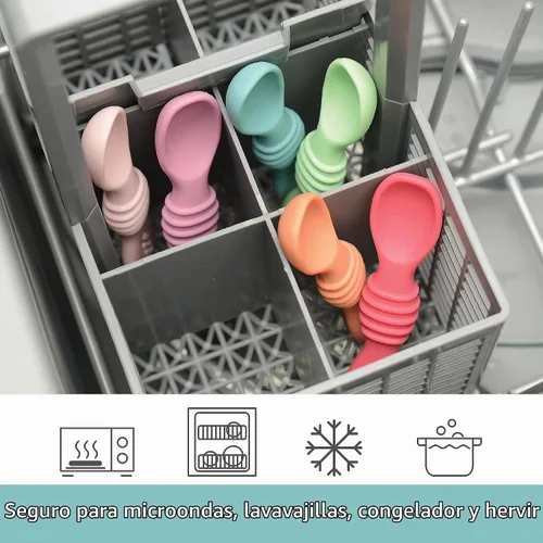 Vista 4 de PrimaStella Juego de cucharas masticables de silicona para bebés y niños pequeños, seguridad probada, sin BPA, apta para microondas, lavavajillas