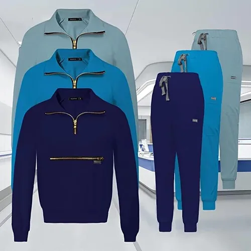Vista 6 de niaahinn Conjunto de ropa quirúrgica para mujer, camiseta de manga larga y pantalones quirúrgicos, uniformes de trabajo de color sólido con bolsillos
