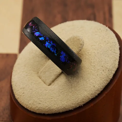 Vista 3 de 100S JEWELRY Anillos de tungsteno para hombre, incrustaciones de galaxia de ópalo nebulosa de Orión, acabado cristalino arenado negro, ideal