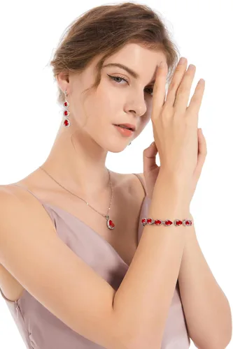 Vista 2 de LMXXVJ Juego de collar y aretes largos, chapados en oro blanco, juego de joyas de zafiro azul creado, joyería de regalo para boda, fiesta, joyería