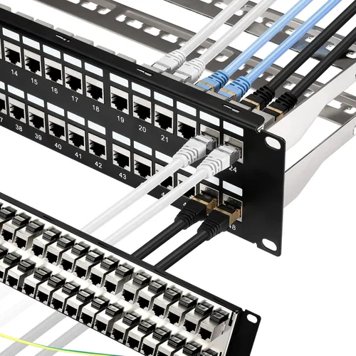 Vista 9 de Rapink Panel de conexión de 24 puertos Cat6A con soporte Keystone 10G en línea, panel de conexión acoplador blindado STP de 19 pulgadas con barra