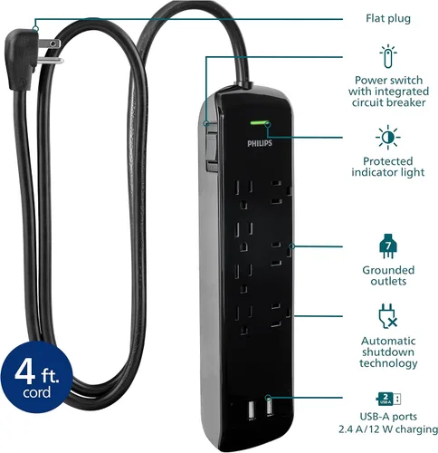 Vista 6 de Philips SPP6270BC/37 Protector de sobretensiones de 6 tomas, montaje en pared y protector de sobretensiones de 7 tomas, 2 puertos USB, cable
