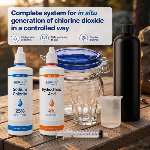 Vista 2 de Kit de reactivos de generación de dióxido de cloro de dos partes, clorito de sodio 25% parte A + ácido clorhídrico 4% parte B - 2 × 4.7 fl oz