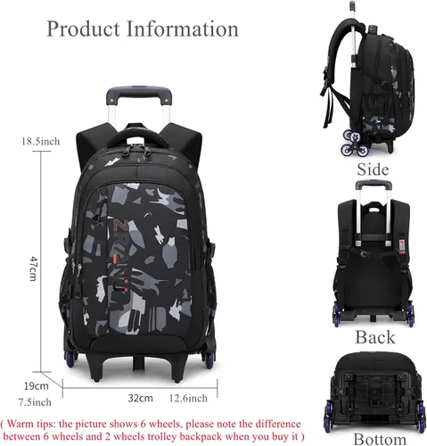 Vista 2 de EKUIZAI Mochila negra con ruedas para niños, mochila con ruedas, Rueda Azul-6