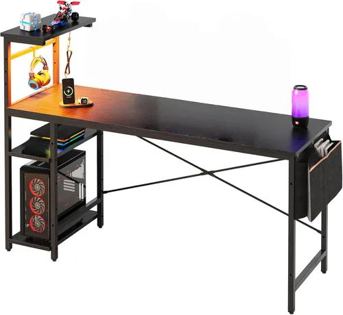 Vista 14 de Bestier - Escritorio de juegos con luces LED, escritorio para PC de 44 pulgadas para espacios pequeños, escritorio de computadora con estantes