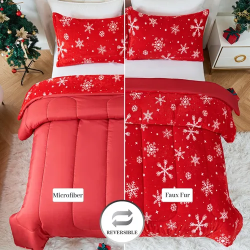 Vista 6 de YIYEA Juego de edredón navideño de piel sintética tamaño Queen, edredón de lujo ultra suave y esponjoso, juegos de ropa de cama de felpa difusa