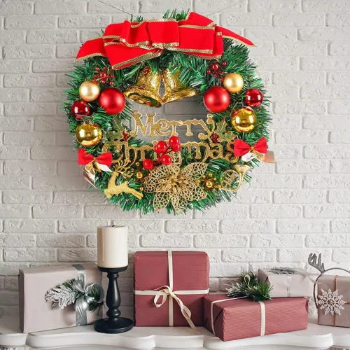 Vista 5 de Corona de Navidad artificial preiluminada, 12 pulgadas para puerta delantera, decoración de invierno de vacaciones con luces LED a