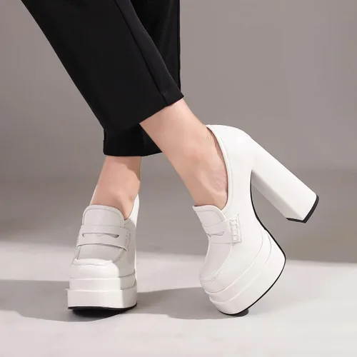 Vista 6 de SIFINELAR Tacones de plataforma para mujer, tacón grueso, mocasines, zapatos de oficina
