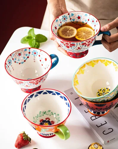 Vista 7 de Tazas de café de cerámica de gran capacidad pintadas a mano con patrón floral – Tazas jumbo, té, leche, cereales, taza de desayuno, juego de 4 – 14