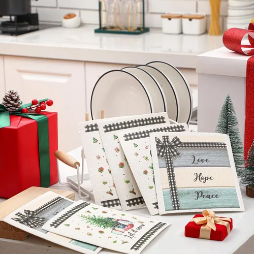 Vista 6 de Yinder 6 Piezas Paños de Cocina Suecos de Navidad para Mesa Paños de Platos Reutilizables de Navidad Paños de Limpieza Absorbentes de Secado Rápido