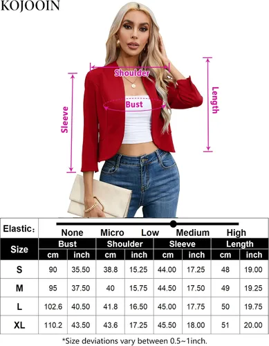 Vista 7 de KOJOOIN Blazer corto para mujer, casual, de negocios, manga 34, sin cuello, frente abierto, chaqueta de trabajo
