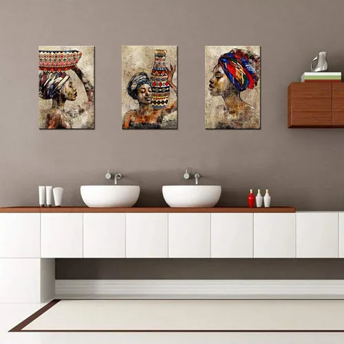 Vista 4 de Biuteawal 3 piezas de arte de pared afroamericano, tribal, negro, niña, estilo étnico, estilo vintage, marrón, pintura abstracta para dormitorio