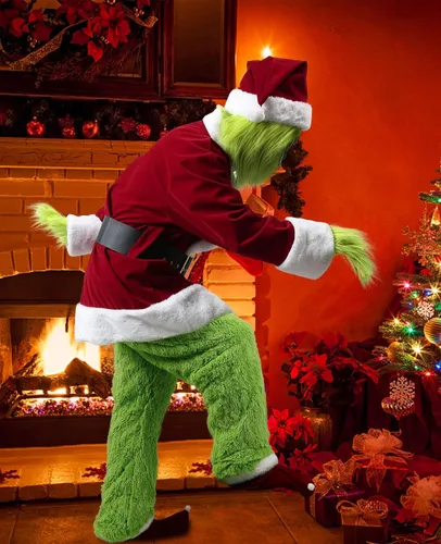 Vista 6 de Saiksi Disfraz de monstruo verde para adulto, disfraz de Papá Noel peludo verde navideño para hombre, 9 piezas divertido traje de Papá Noel
