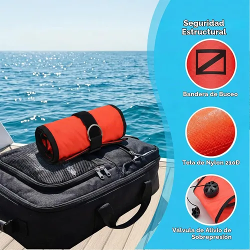 Vista 5 de DSMB Surface Marker Buoy with 100ft Finger Spool Reel Diver Below Signal Flag Tube Scuba Diving Equipment Open Bottom Set