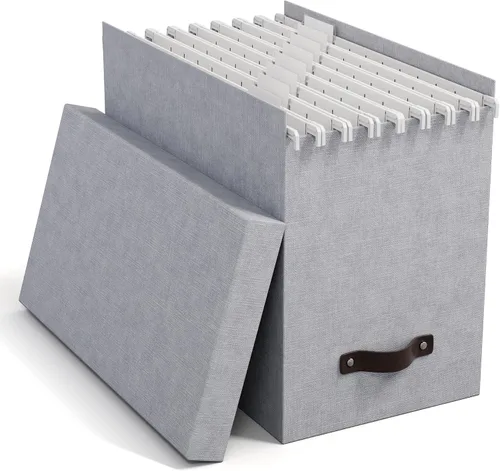 Vista 8 de Bigso Box of Sweden Organizador de archivos con elegante asa de cuero, caja organizadora de aspecto escandinavo que incluye 8 archivos colgantes
