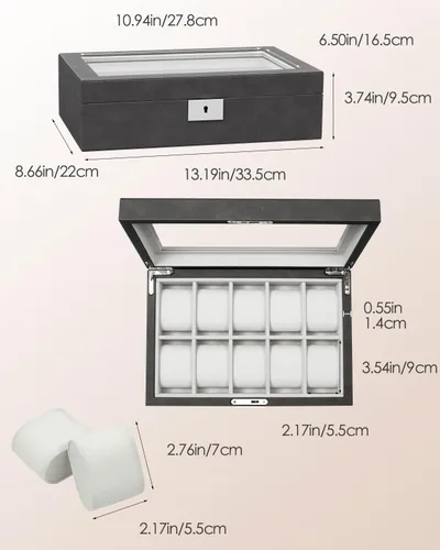 Vista 5 de GUKA Caja de 10 ranuras para reloj, vitrina organizadora de cristal real, con estuche de lujo para hombres y mujeres, regalo
