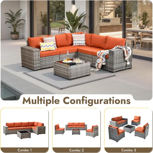 Vista 8 de Juego de muebles de patio de 6 piezas, sofá modular de mimbre para exteriores con mesa auxiliar, cómodos cojines, moderno sofá modular de ratán