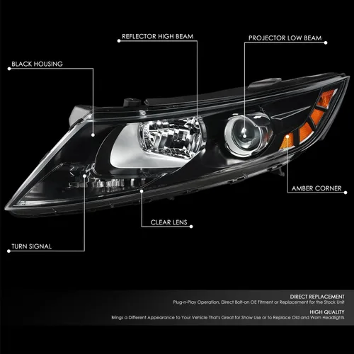 Vista 2 de DNA MOTORING Faro delantero izquierdo estilo OE compatible con Kia Optima 11-13, carcasa negra/lente transparente/reflector ámbar, OEM-HL-0172-L