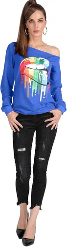Vista 7 de MAGICMK Sudaderas de manga larga con hombros descubiertos para mujer con estampado de labios y hombros descubiertos