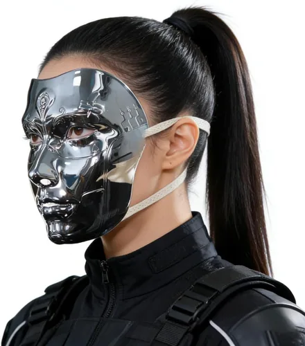 Vista 5 de Cyberpunk Poker Robot Mask for Teens & Adults (Ages 14+), White Mechanical Doll Mask with Playing Card Patterns plateado