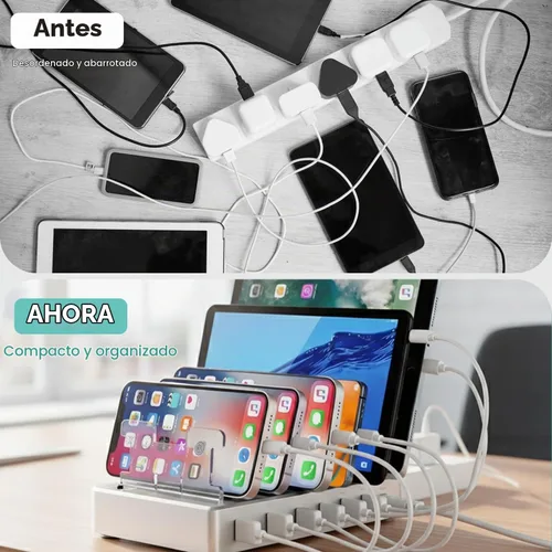 Vista 6 de Estación de carga rápida de 300 W para múltiples dispositivos, concentrador de carga USB de 6 puertos, organizador universal de cargador