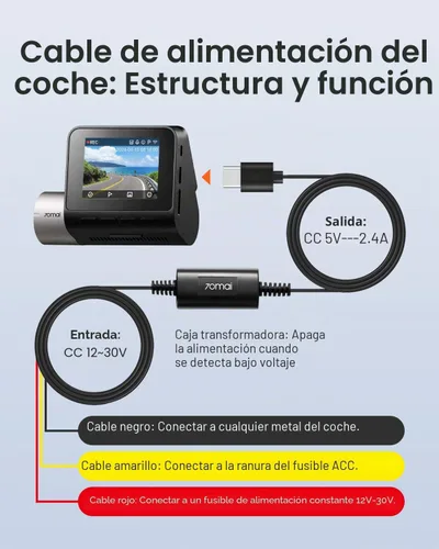 Vista 3 de 70mai Hardwire Kit UP03, cámaras de tablero tipo C de 10 pies, 12V-30V a 5V/2.4A, protección de bajo voltaje 11.8V, fuente de alimentación