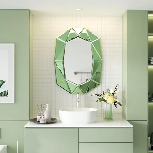 Vista 4 de Espejo de pared ovalado con forma de diamante: marco de espejo verde 39.4 x 27.5 pulgadas Elegante decoración de espejo para el hogar moderno