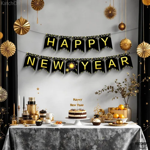 Vista 5 de KatchOn, Cartel grande de feliz año nuevo, 10 pies, sin bricolaje Fondo de feliz año nuevo para suministros de fiesta de Nochevieja 2026 Cartel
