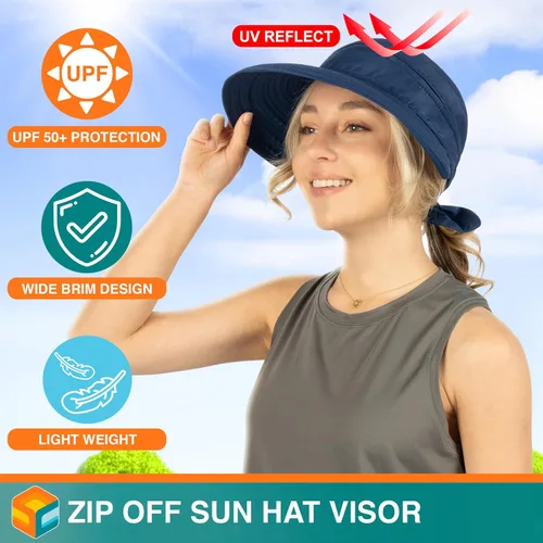 Vista 12 de SUN CUBE Sombrero de sol para mujer para protección UV al aire libre, sombrero de sol de ala ancha, cola de caballo, sombrero de playa convertible