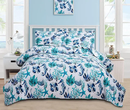 Vista 11 de Juego de edredón de tamaño Queen - Edredón ligero reversible, colcha, cubrecama - Ropa de cama costera - Decoración del hogar con concha de estrella