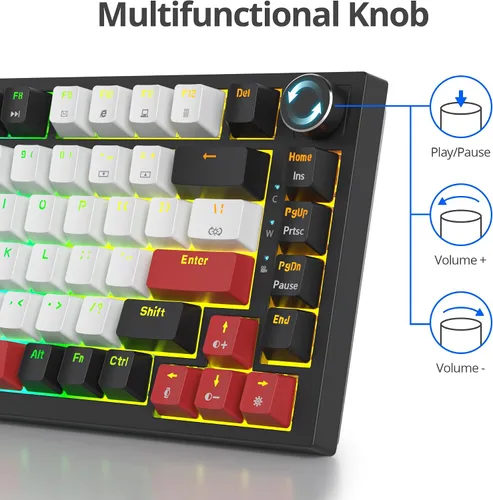 Vista 4 de Guffercty kred Teclado mecánico 75% con perilla, junta con cable TKL para juegos, 75% intercambiable en caliente, programable para Windows portátil