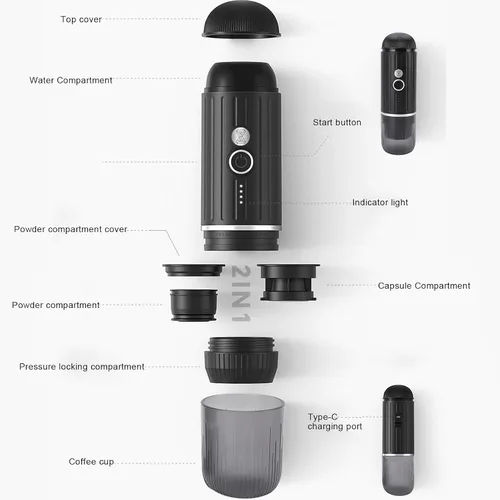 Vista 6 de Cafetera eléctrica portátil Cafetera de viaje automática para camping, coche, cafetera, calefacción inalámbrica, compatible con cápsulas de café