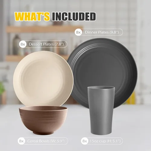 Vista 2 de Teivio Juego de vajilla de plástico de paja de trigo de 32 piezas para cocina, servicio para 8, platos, cuencos y tazas irrompibles, vajilla