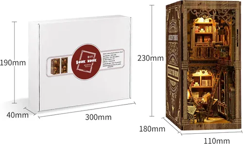 Vista 2 de Kit de rincón de libros de biblioteca antigua, rompecabezas 3D de madera con luz LED, modelo de estantería en miniatura, decoración cultural