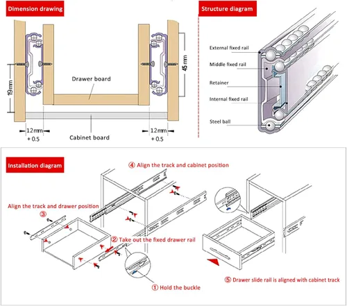 Vista 9 de 1 par de corredores de cajón de muebles de acero inoxidable resistente, montaje lateral de rodamientos de bolas para el hogar, capacidad de carga